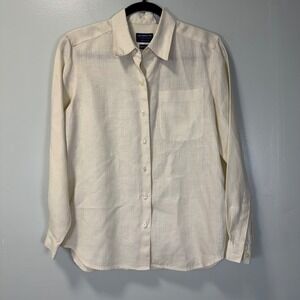 Liz Claiborne Lizsport Petite Cream 100% Irish Linen Button Down Shirt Small S